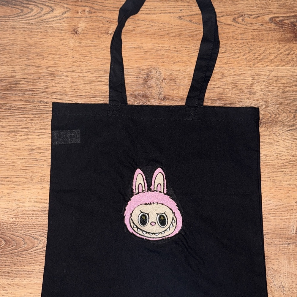 Black Tote Bag with Pink Labubu Patch